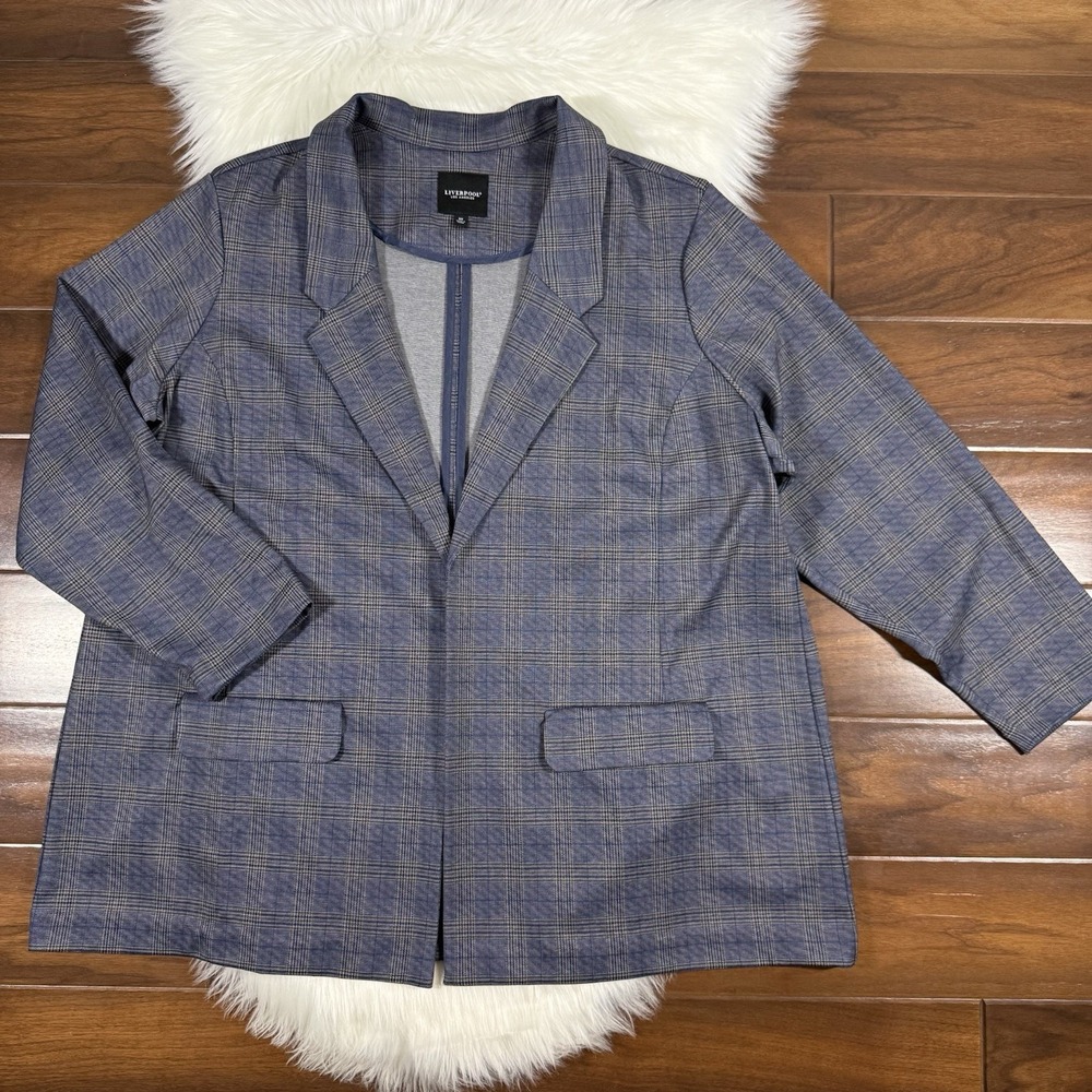 Liverpool Women's Plus Size 3X Dark Blue Plaid Boyfriend Blazer Jacket